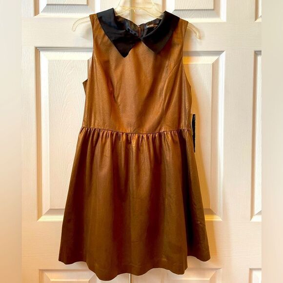 COPPER FAUX SUEDE SLEEVELESS PARTY DRESS WITH BLACK SATIN COLLAR SIZE 10 NWT - Picture 1 of 6